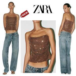 Zara Brown Bronze Crystal Rhinestone Bustier Corset Strapless Draped Top XXL NWT